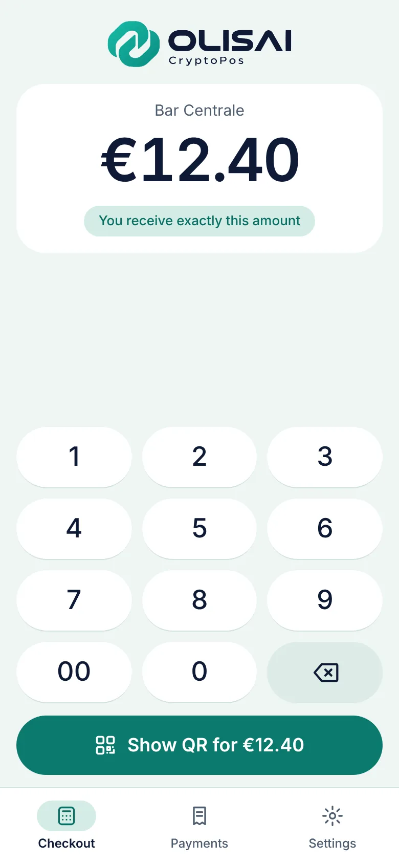 The OLISAI CryptoPos app on the shop's phone: the keypad with the amount to charge
