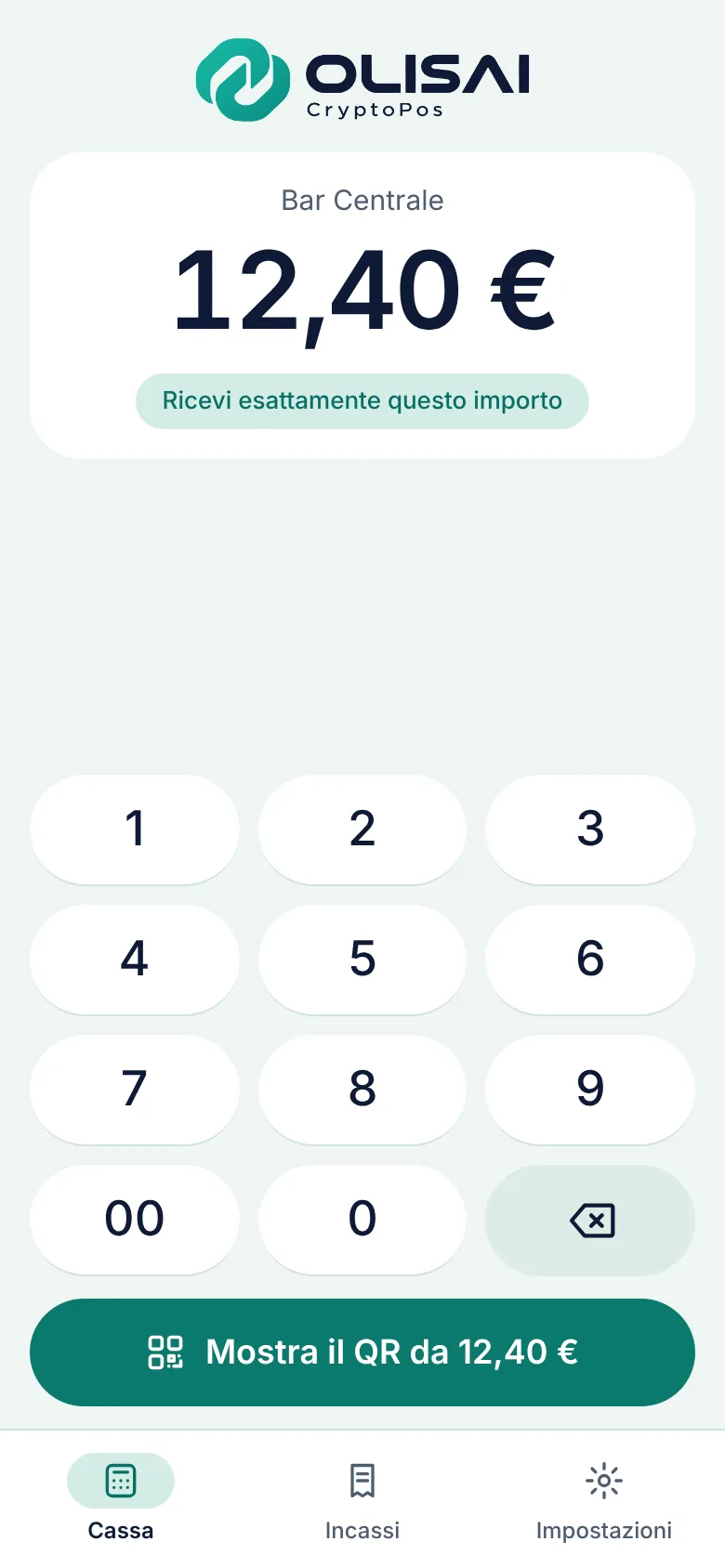 L'app OLISAI CryptoPos sul telefono del negozio: il tastierino con l'importo da incassare