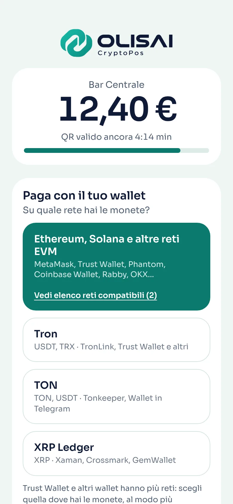 La pagina di pagamento sul telefono del cliente: importo, tempo residuo del QR code e scelta della rete